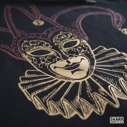 Creepy Venetian jester mask with bells and ruffles retro Halloween PNG sublimation design for shirts