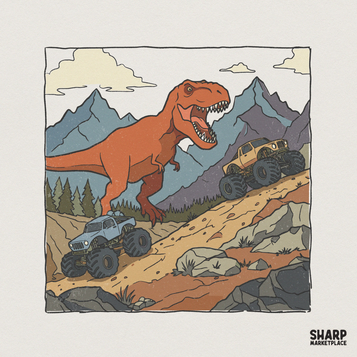 Vintage style illustration of a roaring red dinosaur standing between two monster trucks on a rocky mountain trail for apparel and sublimation printing.
