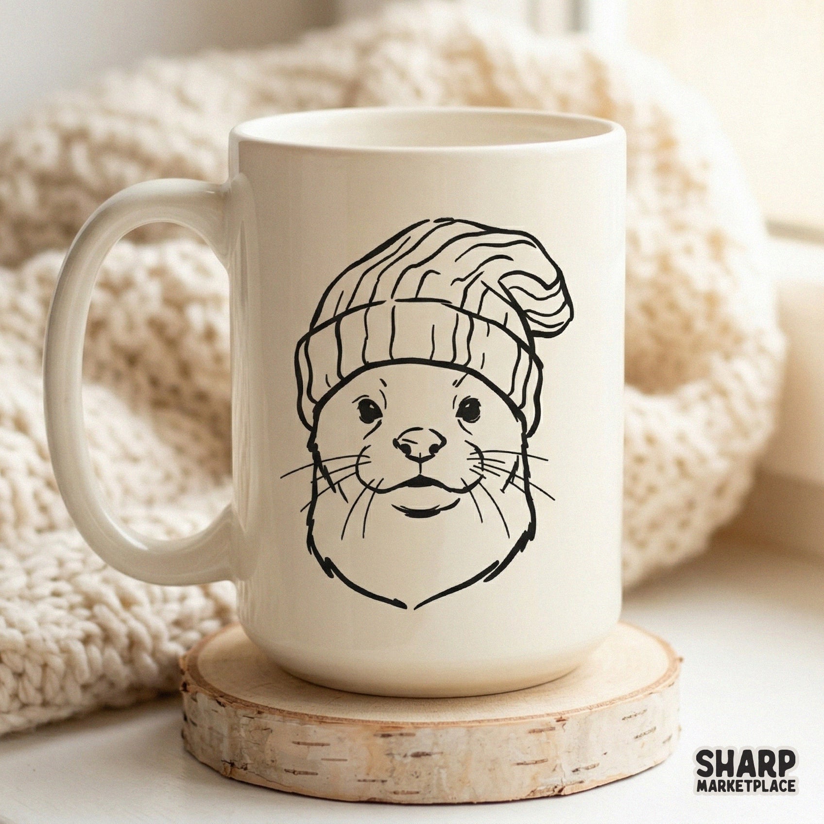 Hand-drawn style otter wearing a cozy knit hat, presented as a high-quality graphic for custom t-shirts, tumblers, and nature-inspired wall art.