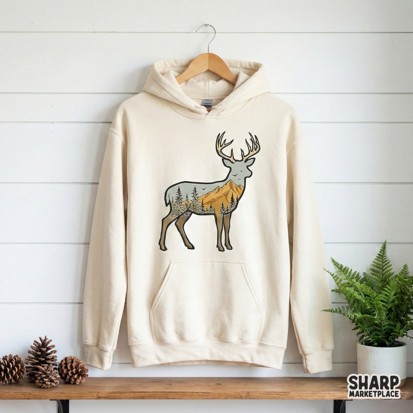Detailed buck silhouette with a mountain forest landscape inside, designed for DIY nature-themed sublimation projects, stickers, or rustic wall art.
