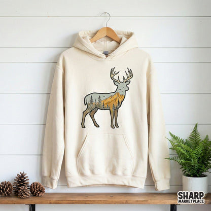 Detailed buck silhouette with a mountain forest landscape inside, designed for DIY nature-themed sublimation projects, stickers, or rustic wall art.