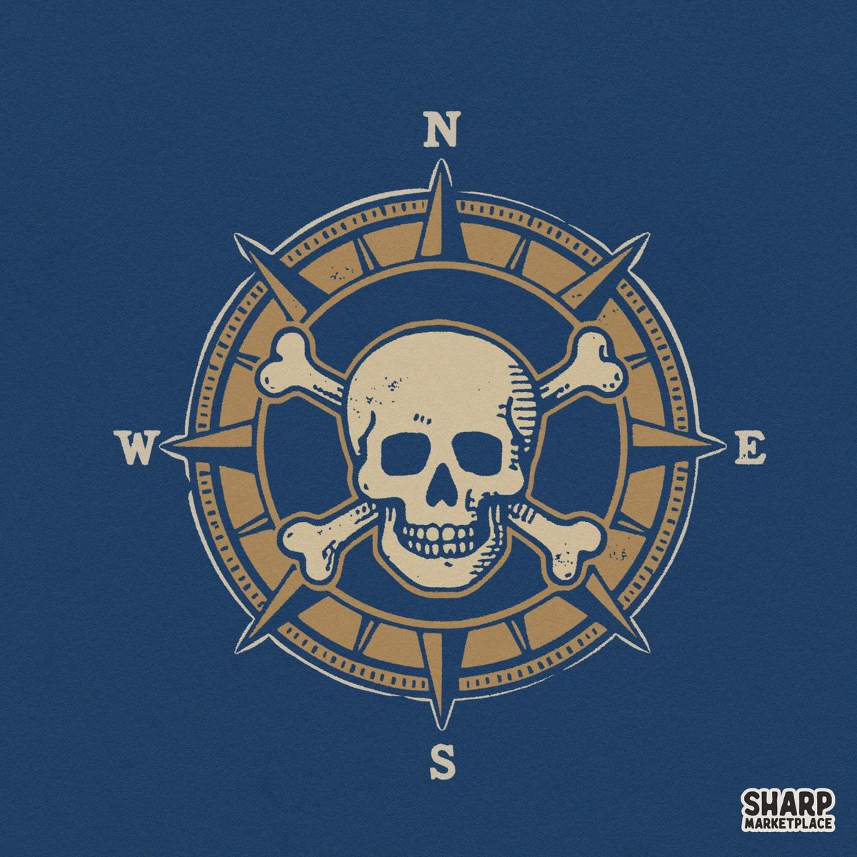 Retro pirate compass rose with skull and crossbones digital PNG design for nautical t-shirt sublimation