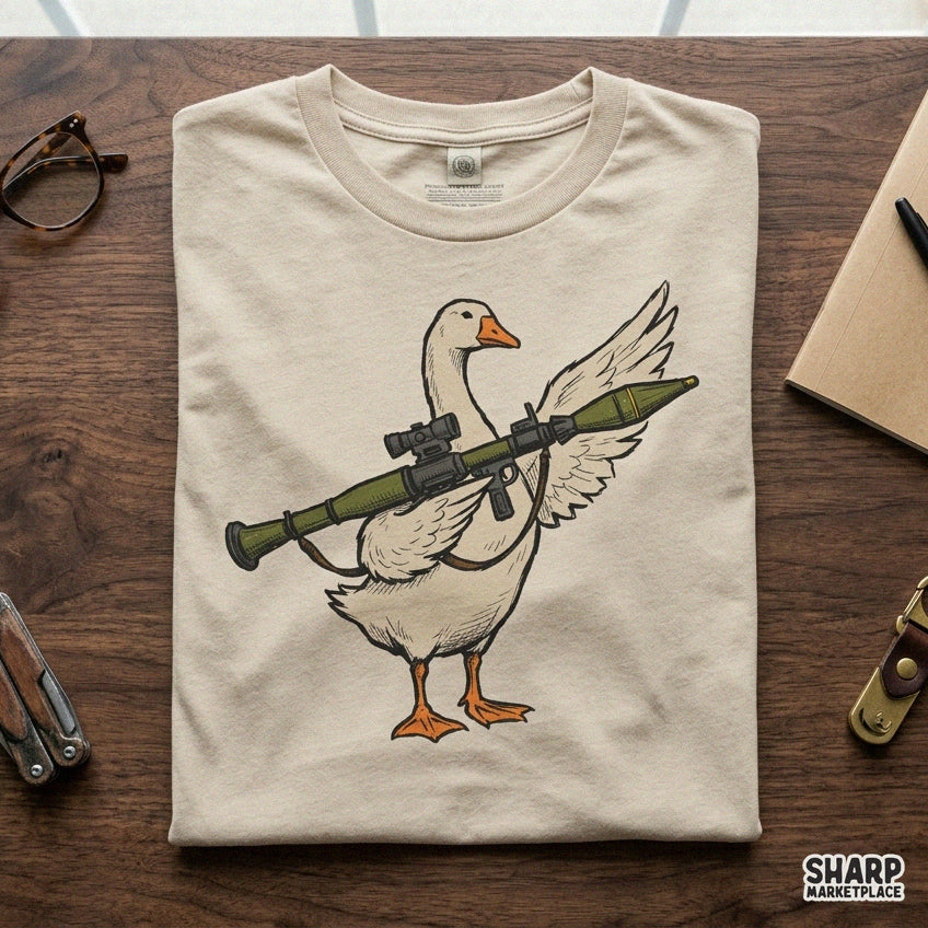 Funny unhinged goose holding a green rocket launcher sublimation PNG design for sarcastic animal meme shirts