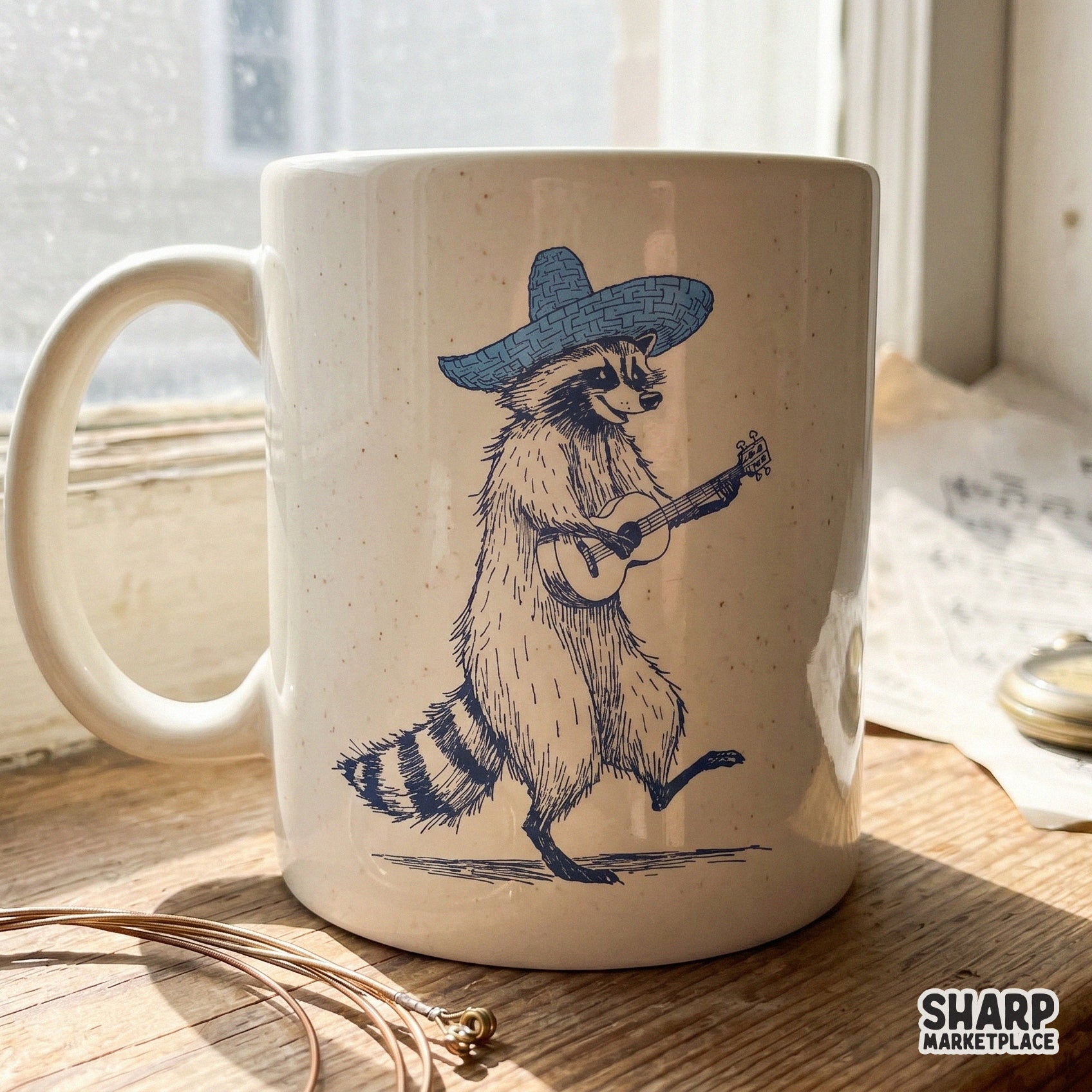 Quirky navy blue ink sketch of a raccoon musician with a sombrero and ukulele, designed for high-quality DTF printing and creative DIY apparel projects.