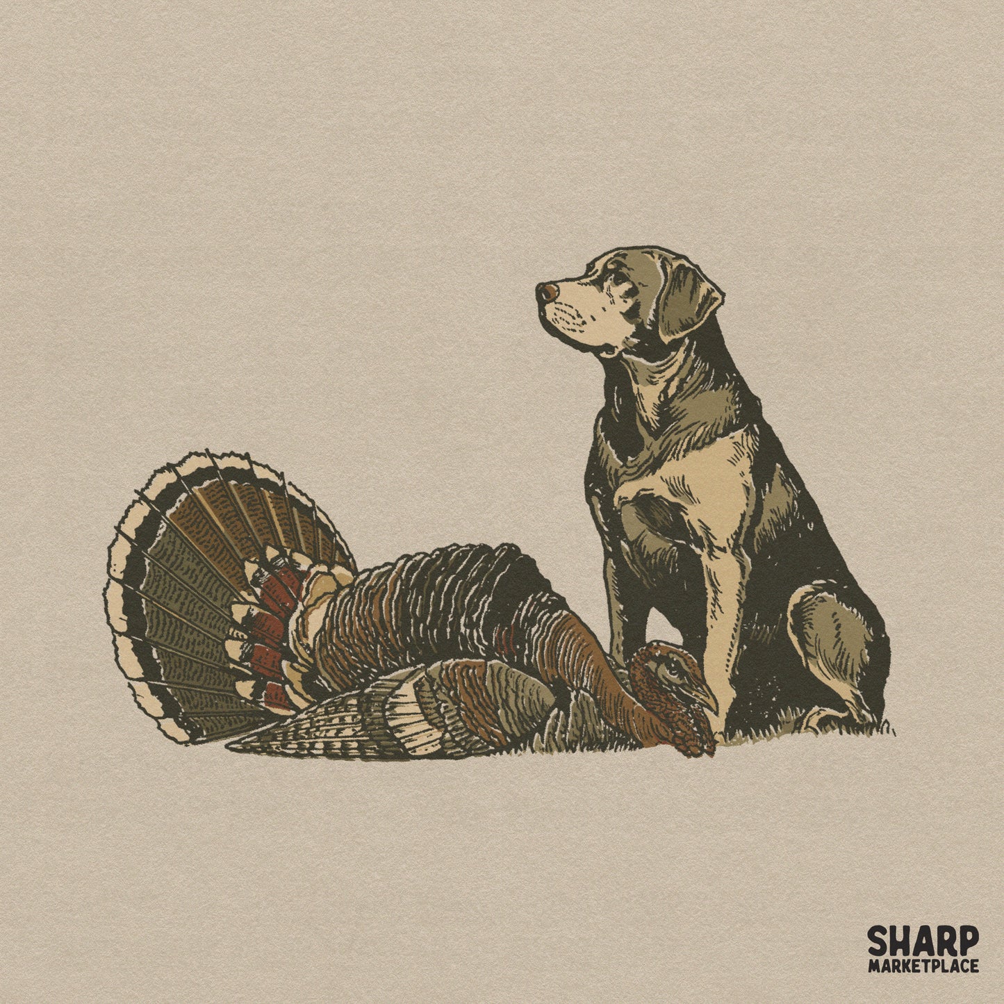 Vintage hunting dog and wild turkey artwork for outdoor apparel and thanksgiving sublimation shirt designs