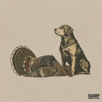 Vintage hunting dog and wild turkey artwork for outdoor apparel and thanksgiving sublimation shirt designs