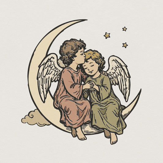 Angel Kissing On The Moon PNG, Vintage Celestial Angel Art - 300 DPI