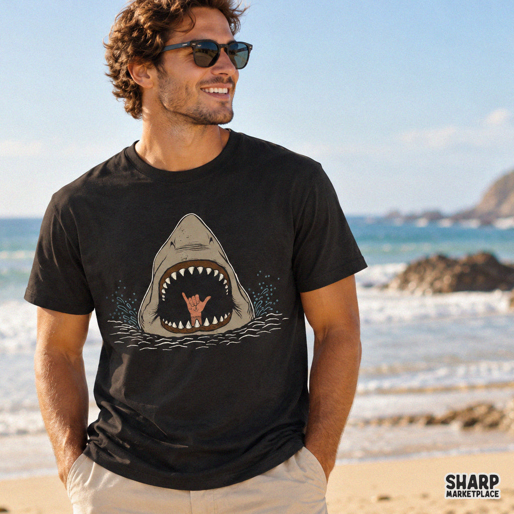 Great white shark making a hang loose shaka sign for funny summer beach shirt and tumbler wrap PNG designs