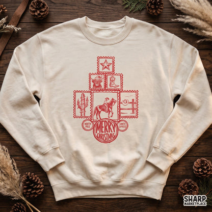 Merry Christmas western PNG design featuring a Highland cow santa stamp with cowboy boots for holiday shirt sublimation