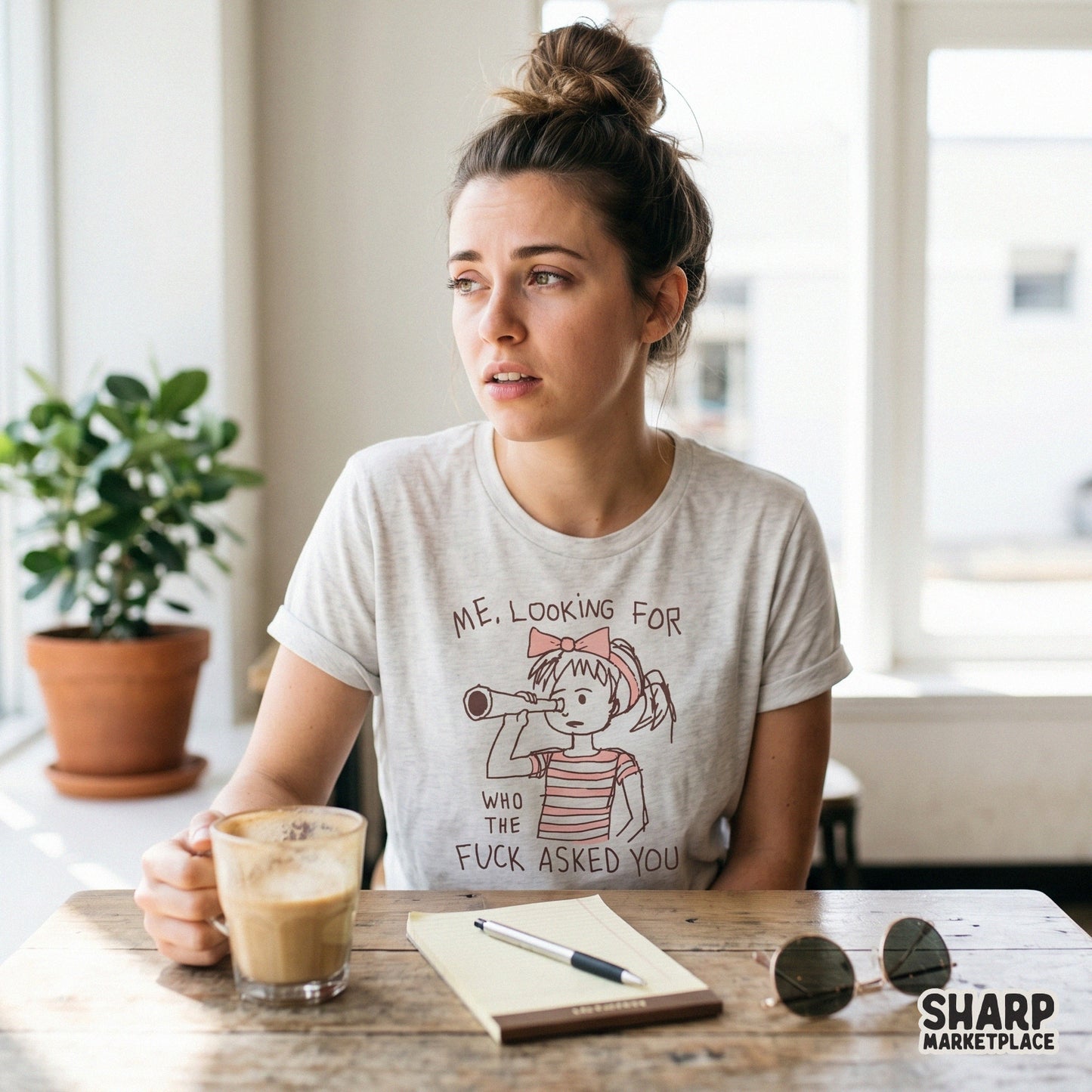 Sassy retro-style digital design featuring a girl with a spyglass and the text Me, Looking For Who The Fuck Asked You, perfect for custom apparel printing.