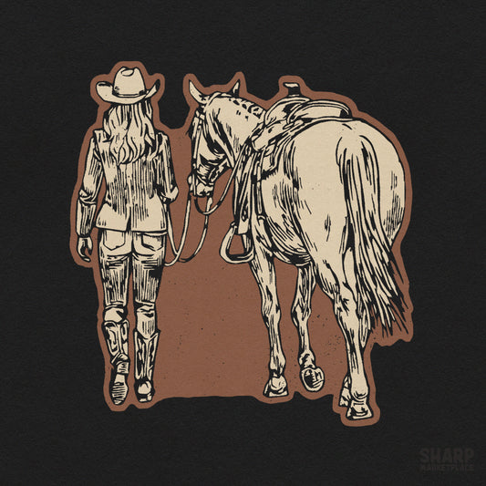 Rustic western PNG graphic of a cowgirl walking with her horse from behind for country shirts and apparel