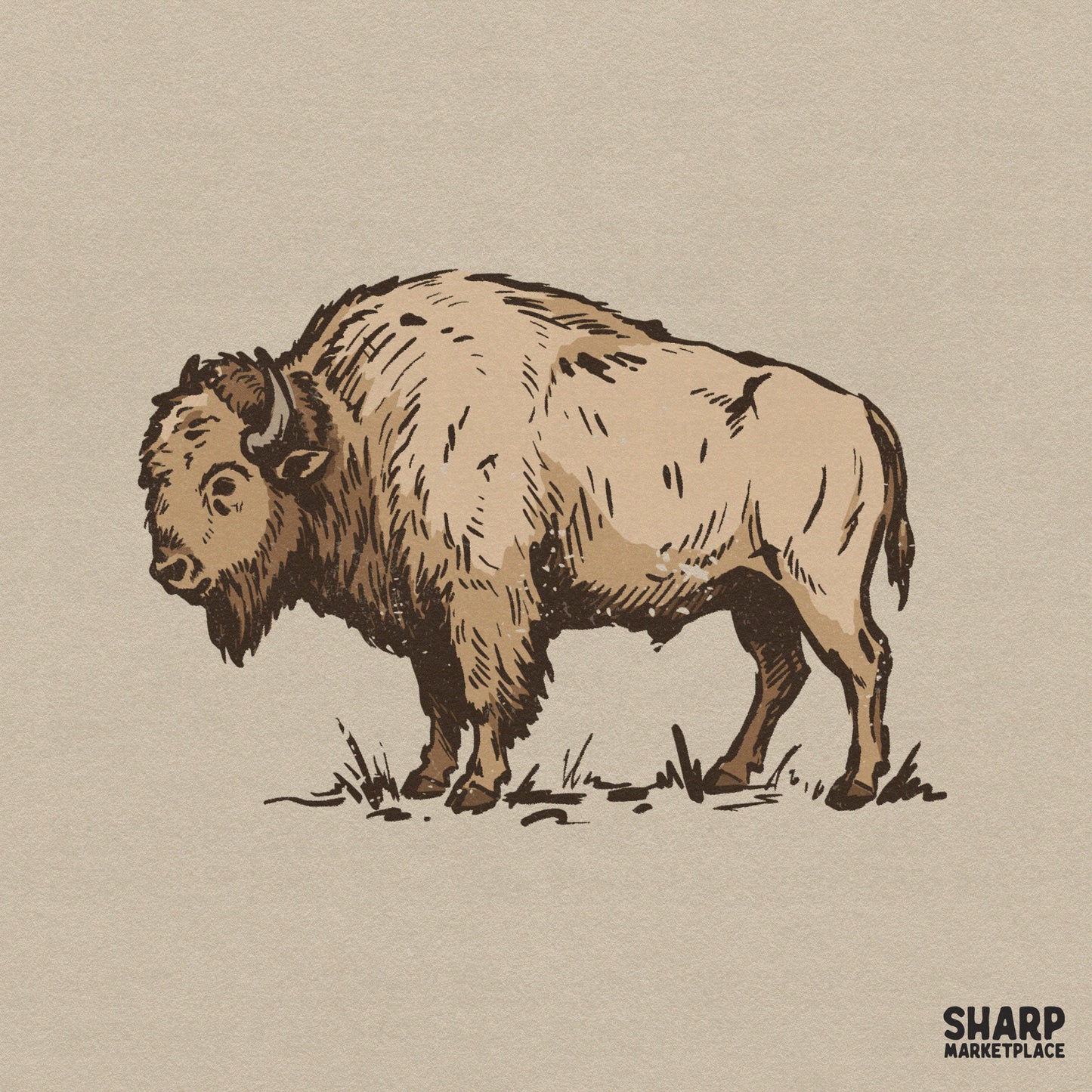 Vintage style bison illustration in earth-toned sepia and chocolate brown, featuring detailed linework for rustic western apparel and sublimation.