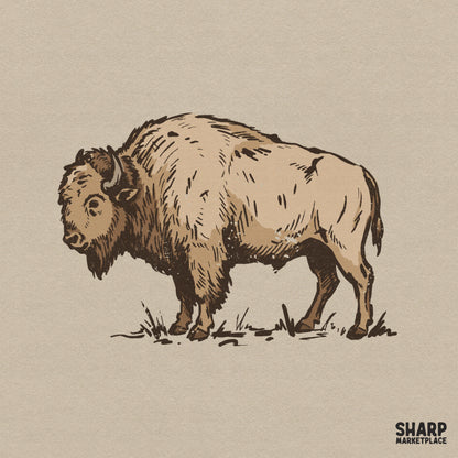 Vintage style bison illustration in earth-toned sepia and chocolate brown, featuring detailed linework for rustic western apparel and sublimation.