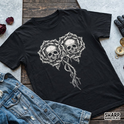 Gothic twin skulls illustration in blooming rose flowers tattoo art style for horror t shirt png sublimation designs