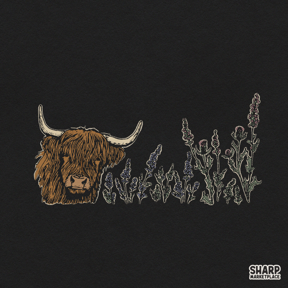 Highland cow with purple thistles boho floral art design for western apparel, shirts, and sublimation downloads