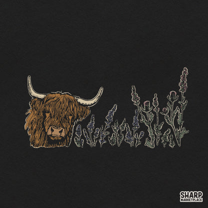 Highland cow with purple thistles boho floral art design for western apparel, shirts, and sublimation downloads
