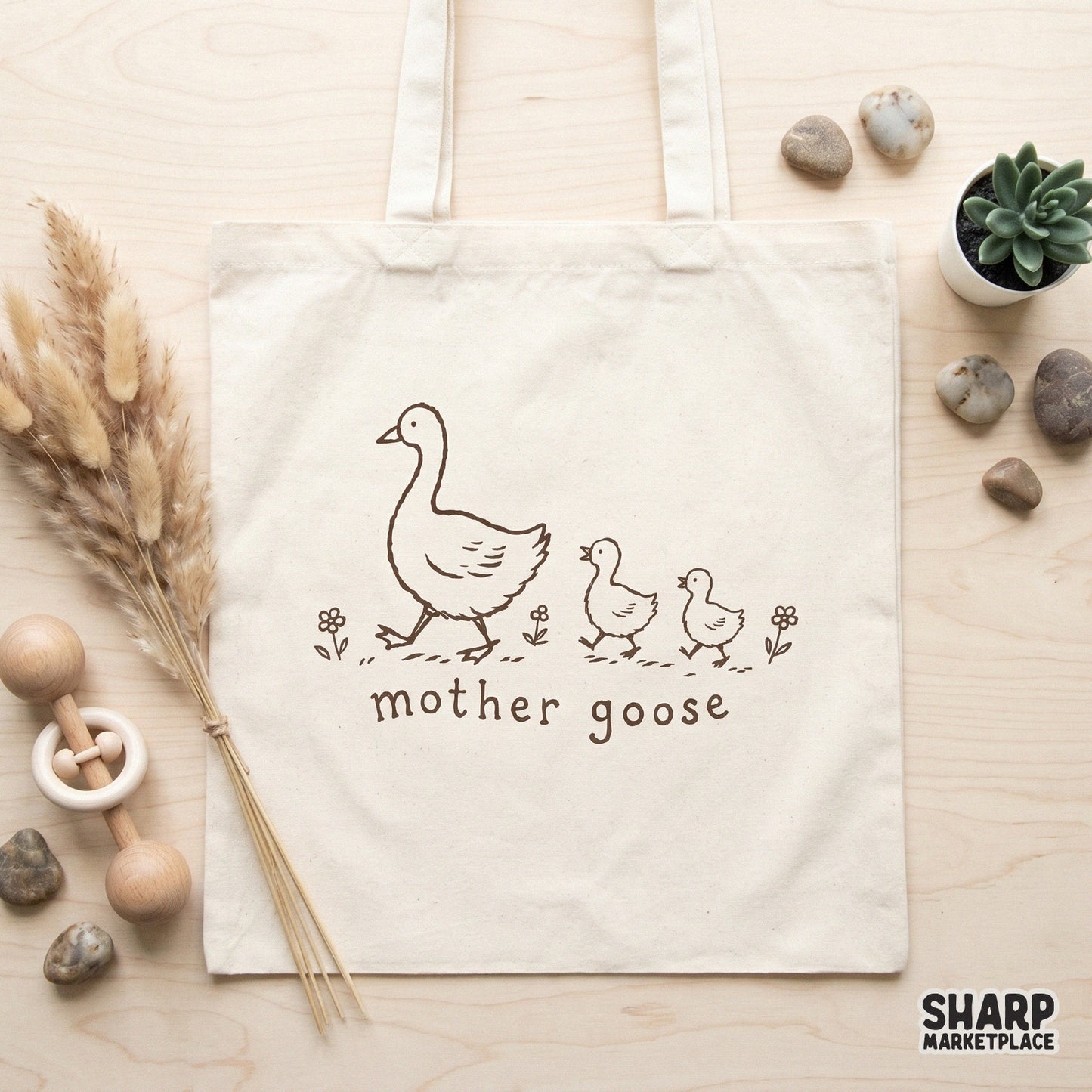 Charming storybook style digital graphic of a mother goose leading her goslings, suitable for sublimation transfers, baby shower invites, and wall art.