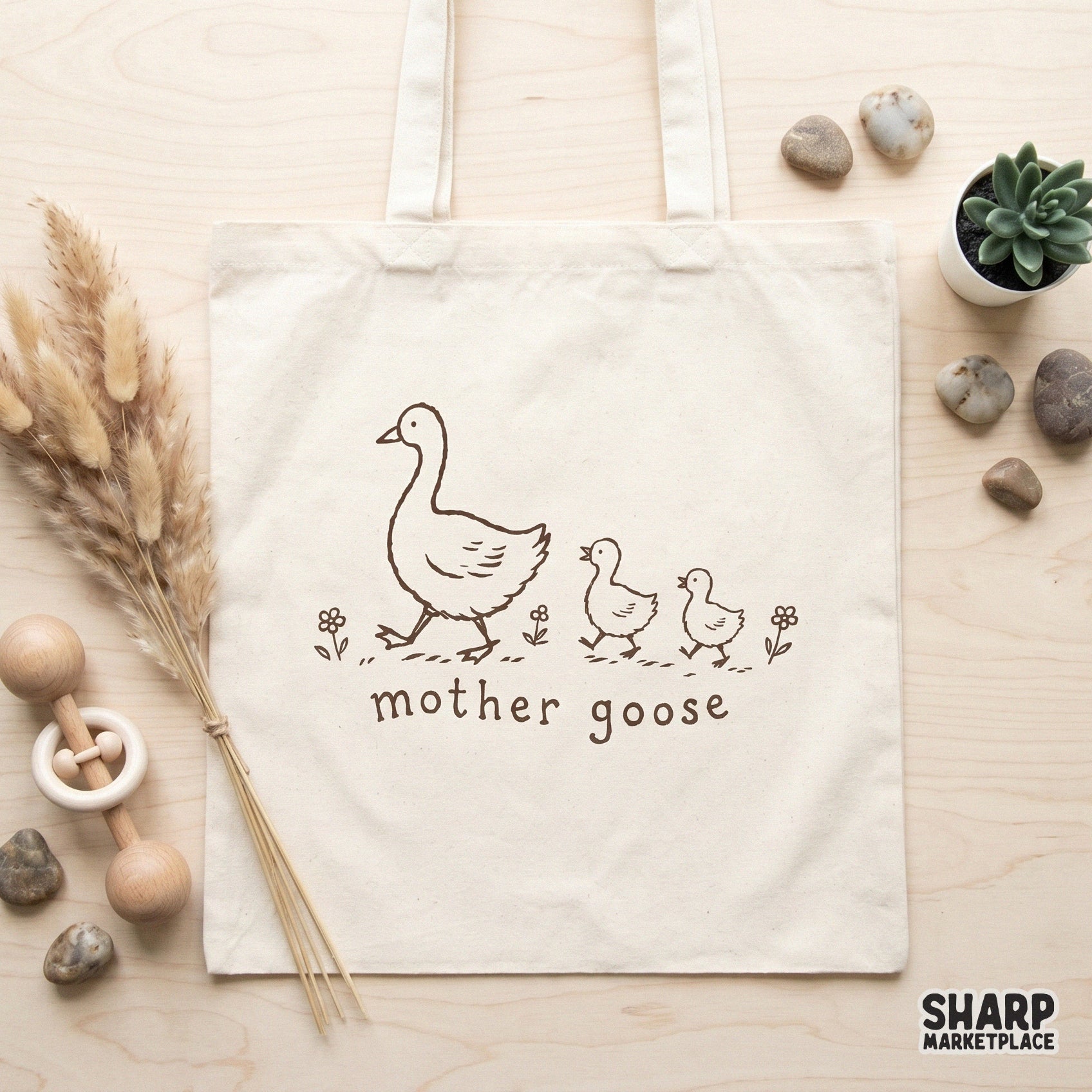 Charming storybook style digital graphic of a mother goose leading her goslings, suitable for sublimation transfers, baby shower invites, and wall art.