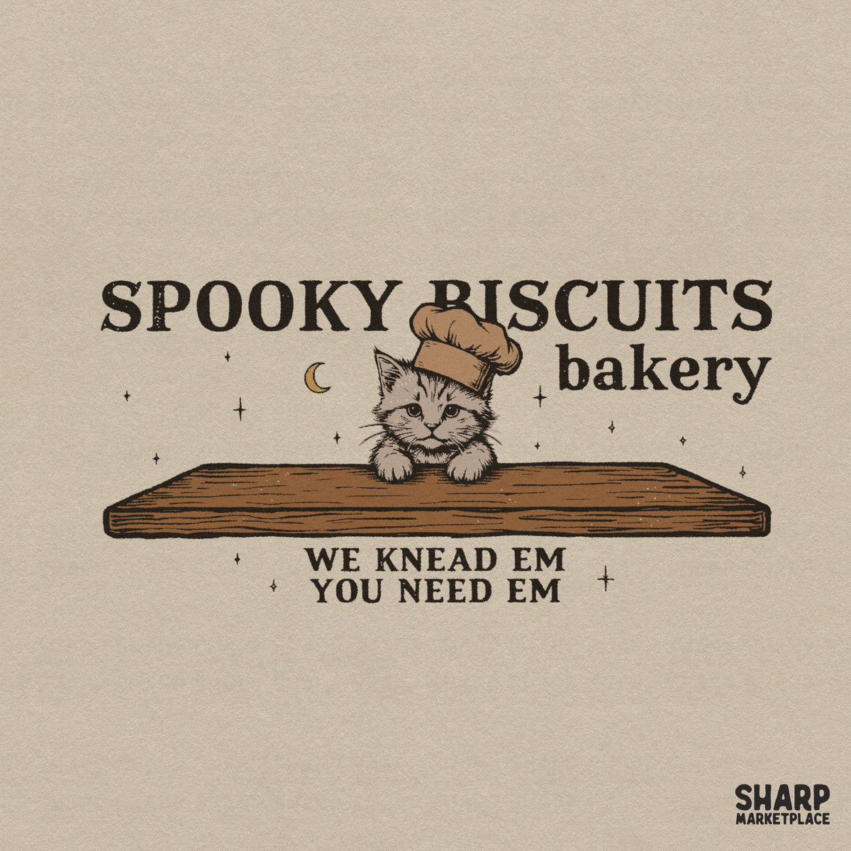 Funny chef cat baking spooky biscuits design for autumn Halloween PNG apparel prints