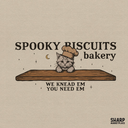 Funny chef cat baking spooky biscuits design for autumn Halloween PNG apparel prints