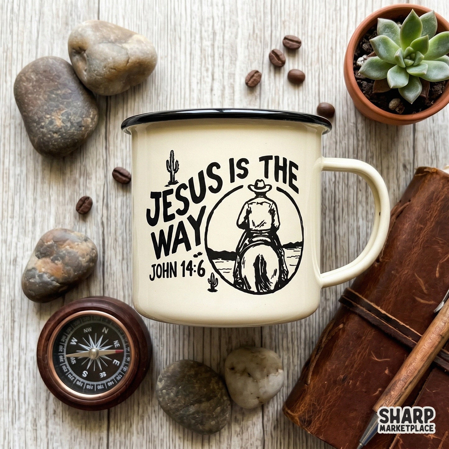 Digital sublimation design of a cowboy on a horse inside a circular frame with desert cacti and religious text for apparel printing.