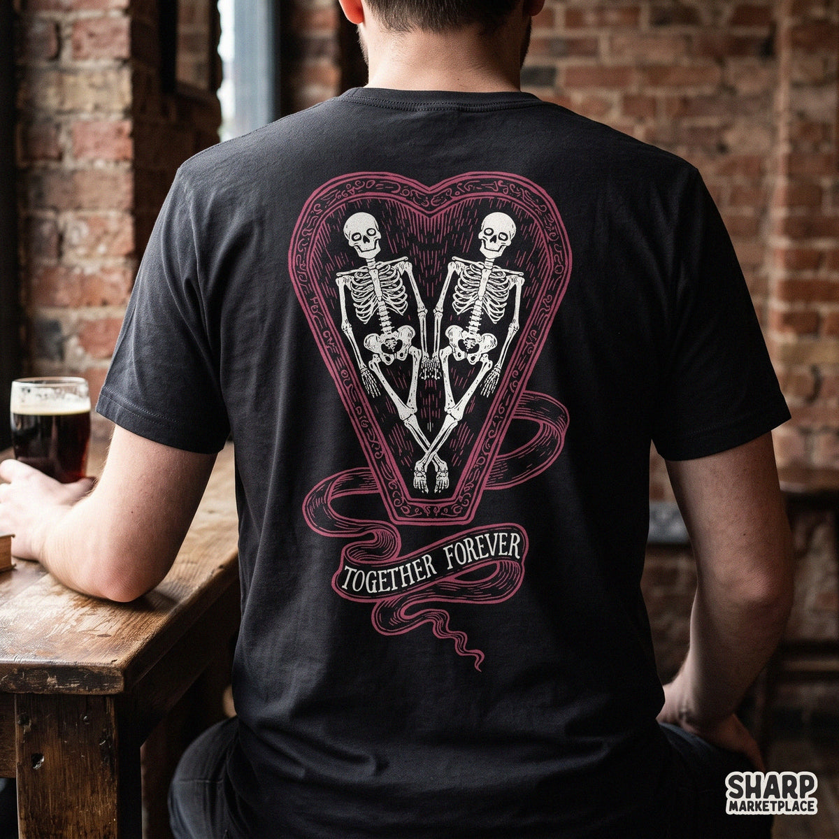 Gothic skeleton couple inside a heart coffin digital Valentine PNG design for Halloween apparel