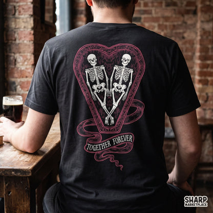 Gothic skeleton couple inside a heart coffin digital Valentine PNG design for Halloween apparel