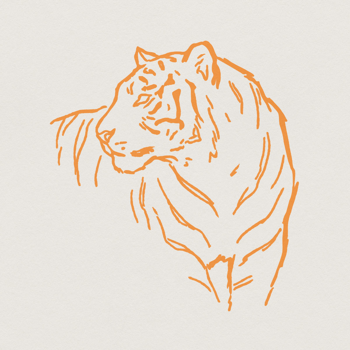 Minimalist tiger head outline in vibrant orange ink, featuring a hand-drawn wildlife sketch perfect for custom t-shirts, sublimation, and wall art.