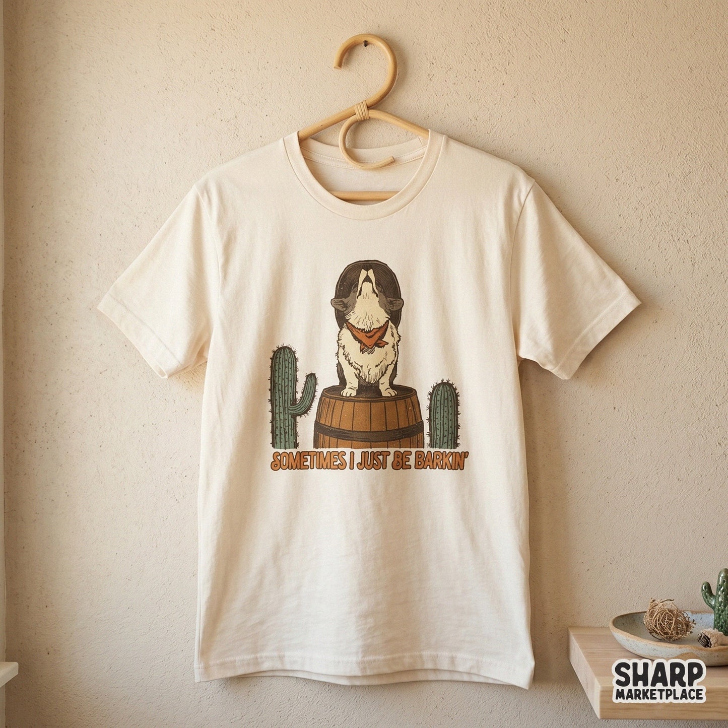 Howling corgi dog in a cowboy hat on a cactus barrel funny western PNG shirt graphic