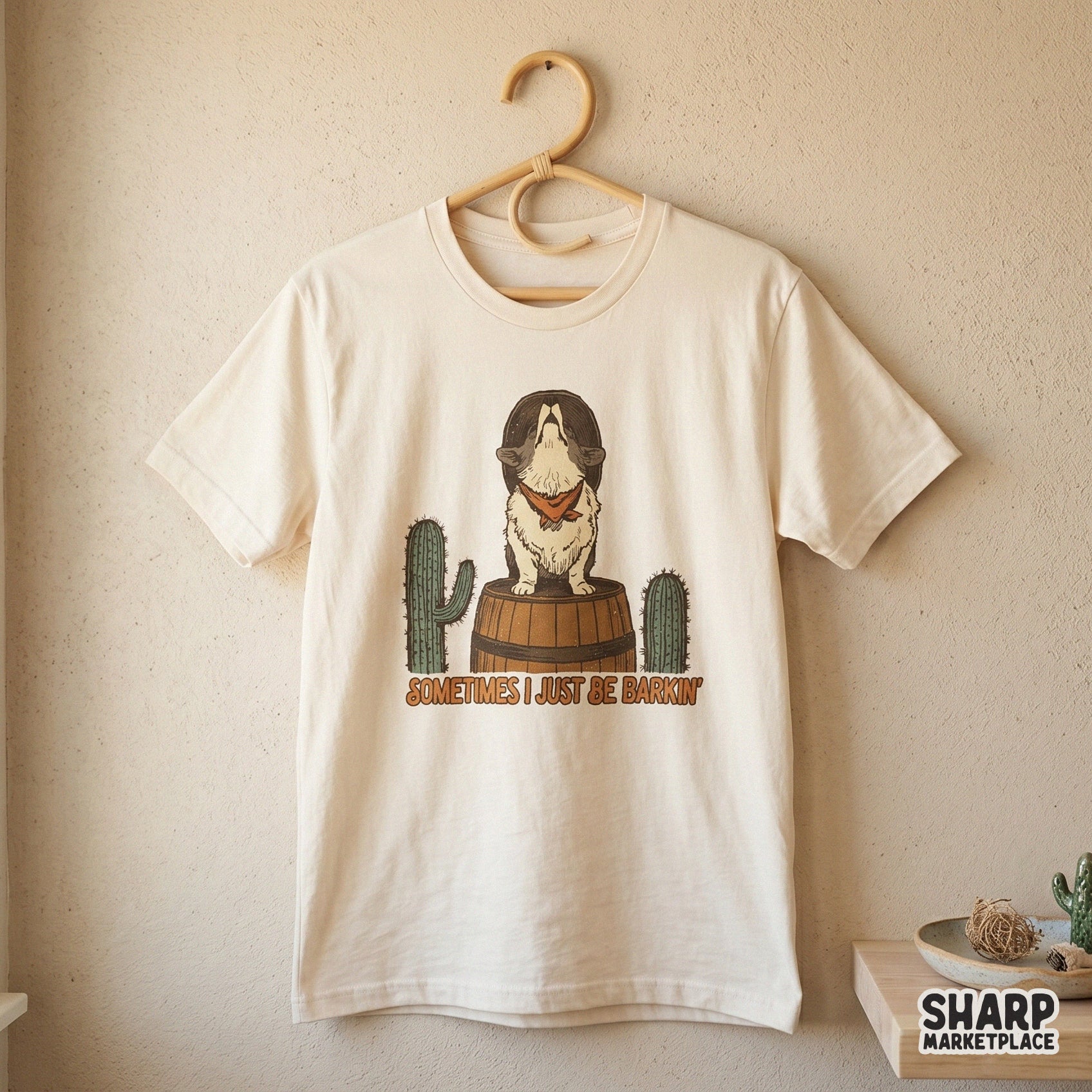 Howling corgi dog in a cowboy hat on a cactus barrel funny western PNG shirt graphic