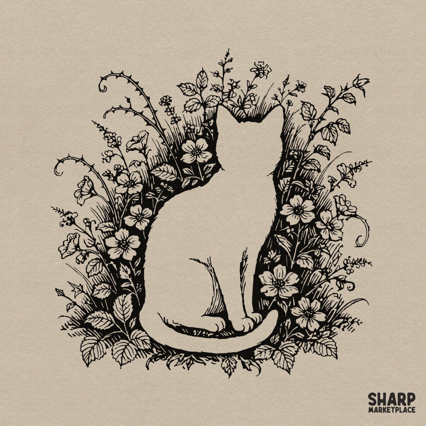 Botanical wildflower cat silhouette sketch retro cottagecore png for sublimation shirt graphic