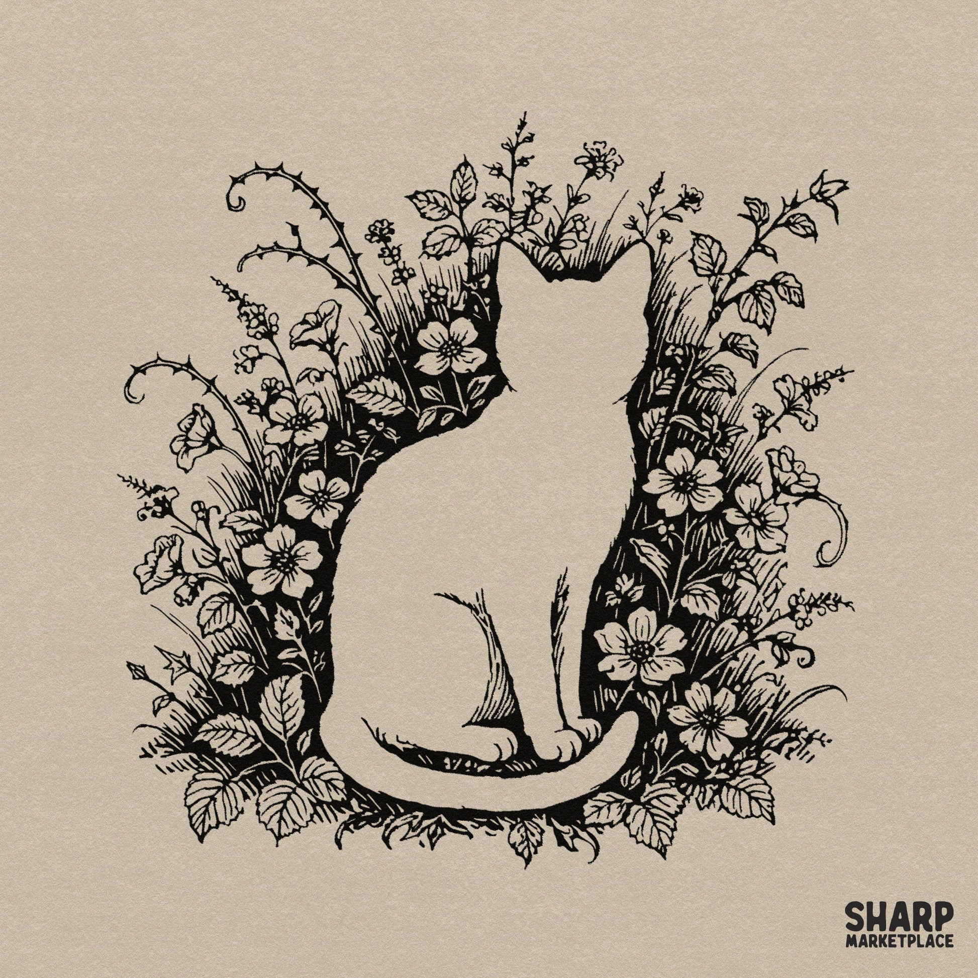 Botanical wildflower cat silhouette sketch retro cottagecore png for sublimation shirt graphic