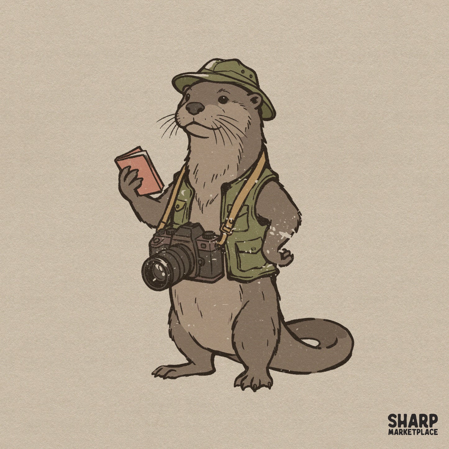 Hand-drawn illustration of a cute otter wearing an olive green utility vest and bucket hat, holding a journal with a camera around its neck.