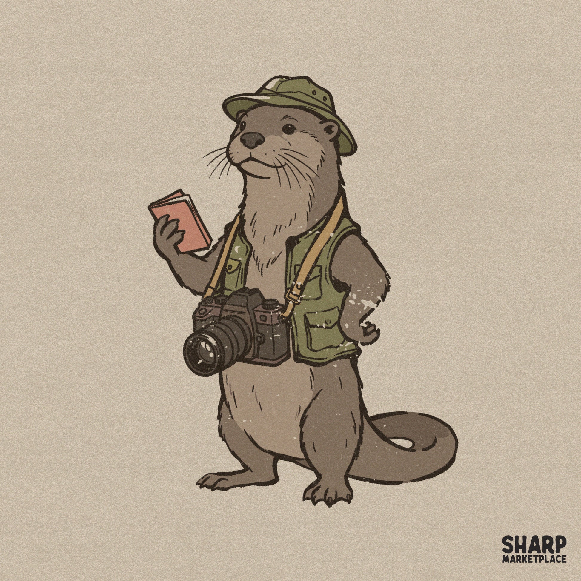 Hand-drawn illustration of a cute otter wearing an olive green utility vest and bucket hat, holding a journal with a camera around its neck.