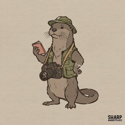 Hand-drawn illustration of a cute otter wearing an olive green utility vest and bucket hat, holding a journal with a camera around its neck.