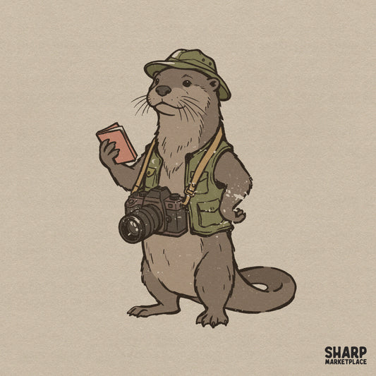 Hand-drawn illustration of a cute otter wearing an olive green utility vest and bucket hat, holding a journal with a camera around its neck.