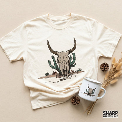Rustic bovine skull and cactus artwork with detailed line work, suitable for sublimation printing on t-shirts, tumblers, and home decor items.