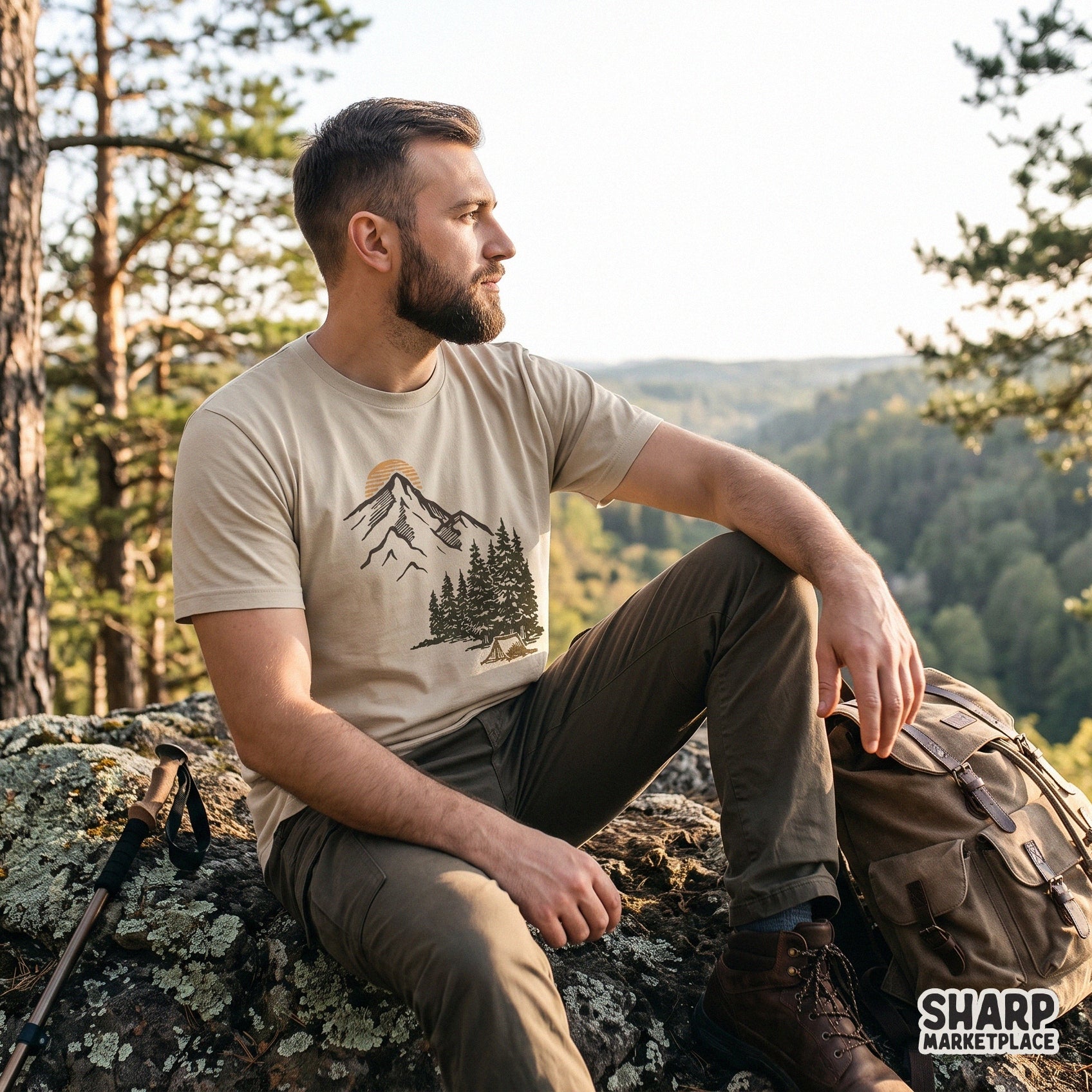 Retro vintage mountain camping scene with pine trees and tent camping png shirt design for summer lake life stickers