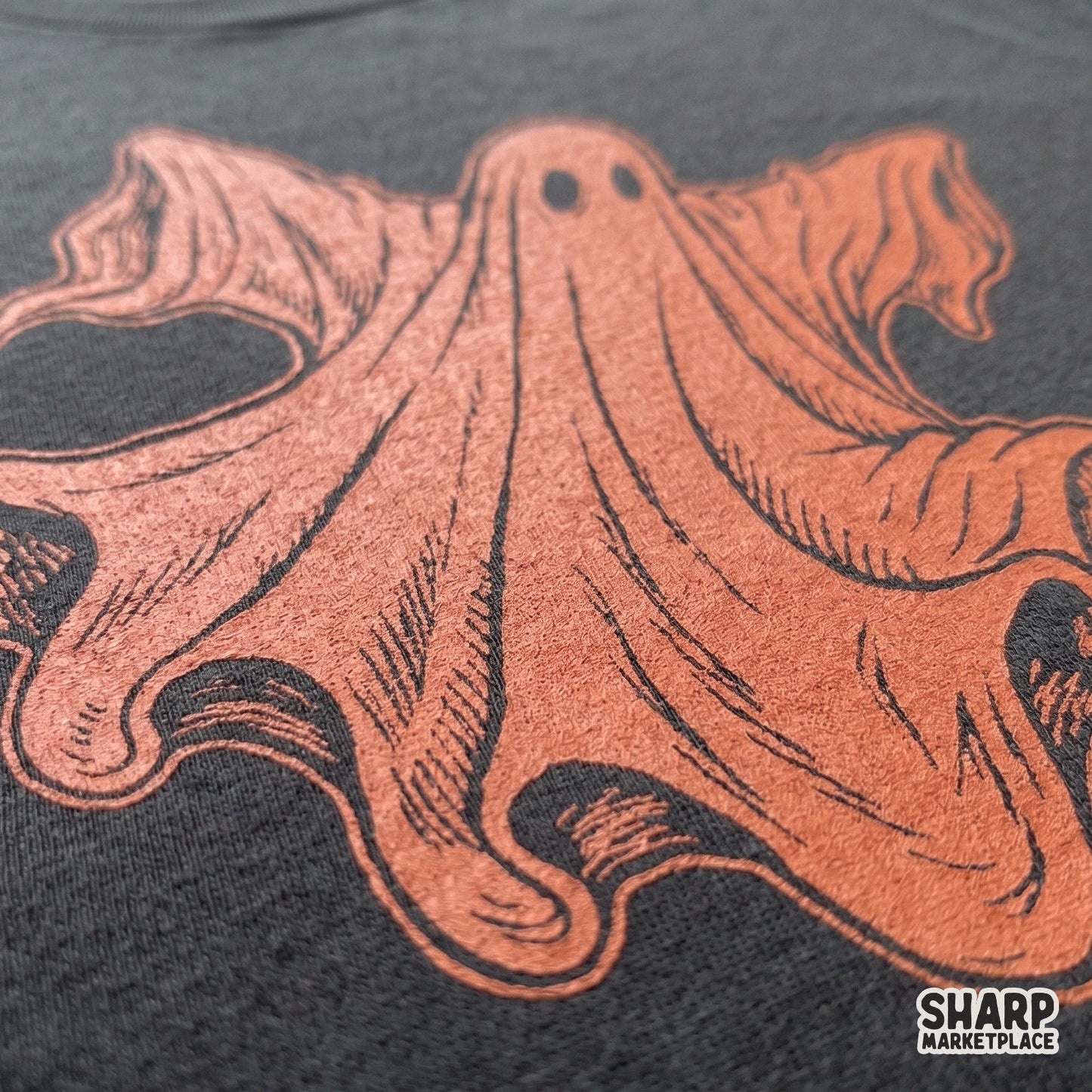 Retro orange skater ghost riding a skateboard, spooky Halloween PNG design for trendy shirts and fall apparel prints