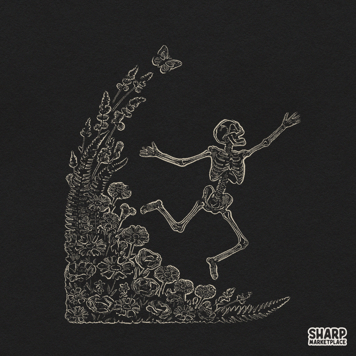 Playful skeleton running through a floral garden with butterflies for cute Halloween shirt sublimation