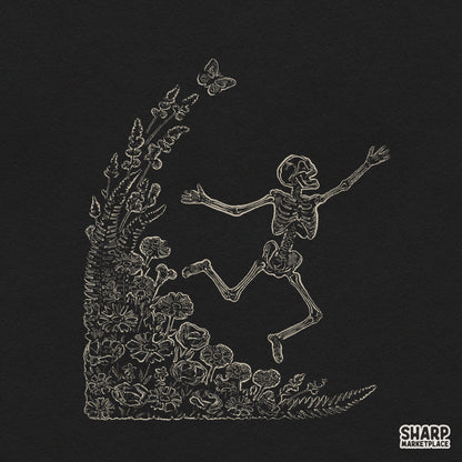 Playful skeleton running through a floral garden with butterflies for cute Halloween shirt sublimation