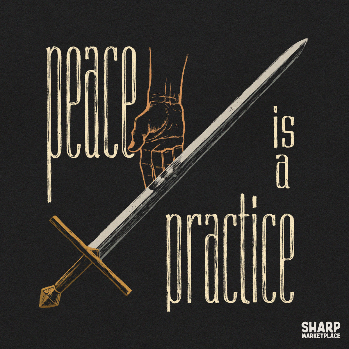 Mystical line art of a hand holding a sword with Peace Is A Practice text for trendy Christian shirt PNG printing