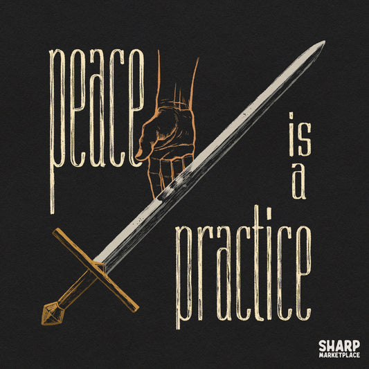 Mystical line art of a hand holding a sword with Peace Is A Practice text for trendy Christian shirt PNG printing
