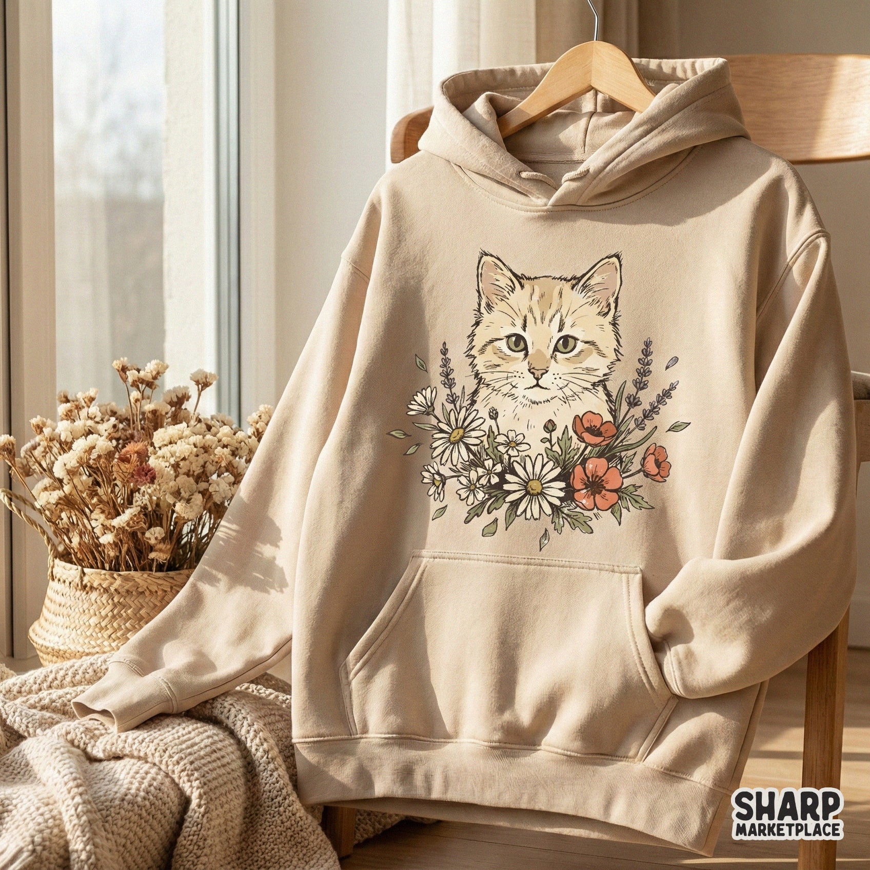 Cat PNG With Wildflowers, Cute Kitten Printable - 300 DPI Design for