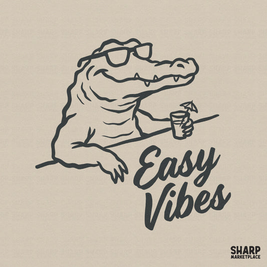 Minimalist line art of a cool alligator wearing sunglasses and holding a tropical drink with the text Easy Vibes in a stylish brush script font.
