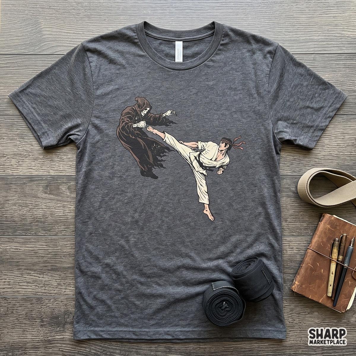 Funny martial arts jump kick grim reaper graphic for retro Halloween shirt design and spooky season PNG apparel