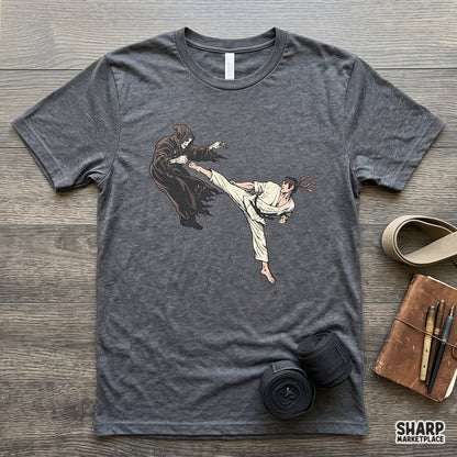 Funny martial arts jump kick grim reaper graphic for retro Halloween shirt design and spooky season PNG apparel