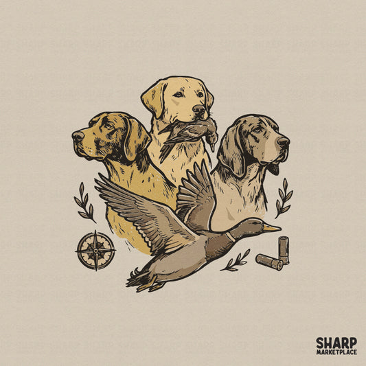 Vintage duck hunting design featuring three bird dogs, a flying mallard, a compass, and shotgun shells in earthy tones for apparel or sublimation.