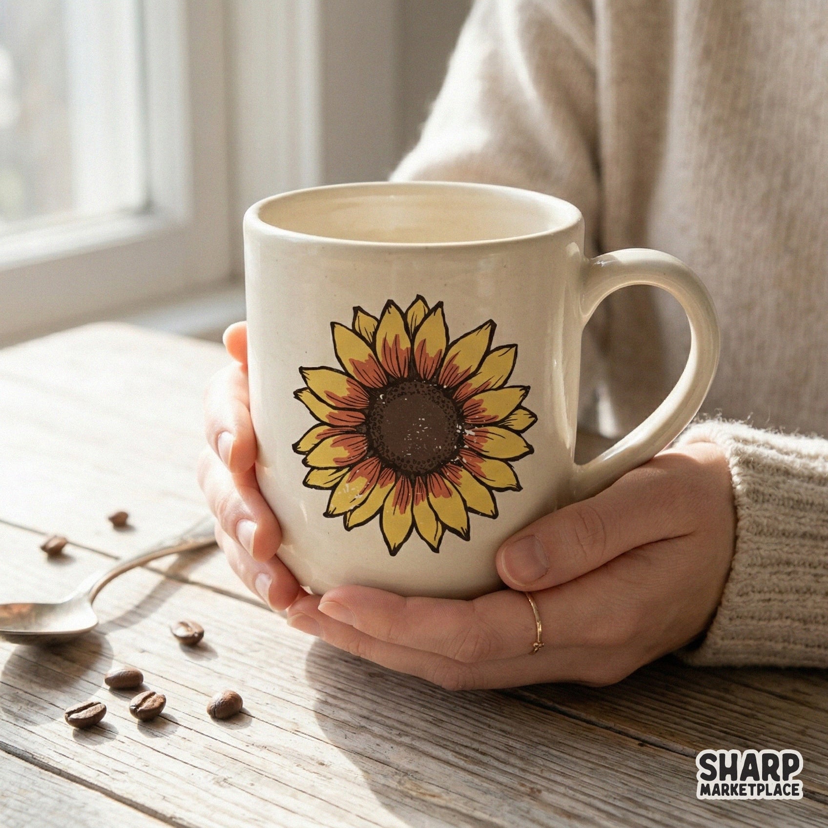 Artistic sunflower design with a hand-drawn look and warm color palette, versatile for seasonal apparel, garden-themed gifts, and home decor.