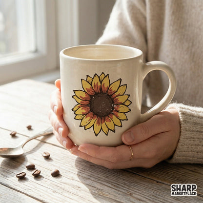 Artistic sunflower design with a hand-drawn look and warm color palette, versatile for seasonal apparel, garden-themed gifts, and home decor.
